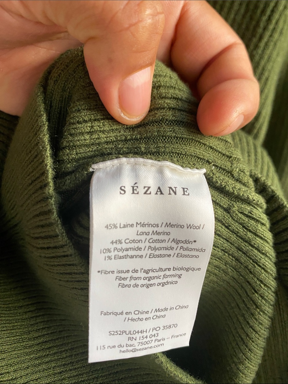 Sezane Olive Green Ribbed V-Neck Sweater with Notched Collar - Picture 4 of 10